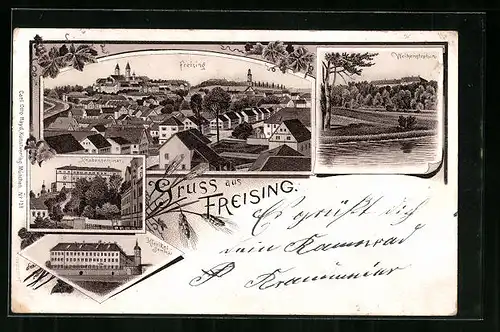 Lithographie Freising, Knabenseminar, Klerikal-Seminar, Weihenstephan