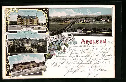 Lithographie Arolsen, Neue und alte Kaserne, Residenzschloss
