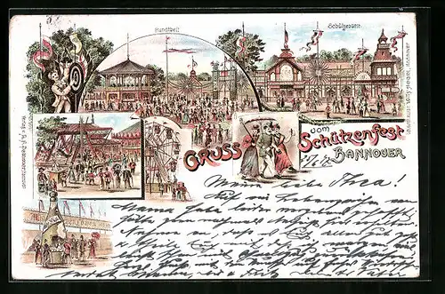 Lithographie Hannover, Schützenfest, Rundtheil, Schützenzelt, Riesenrad