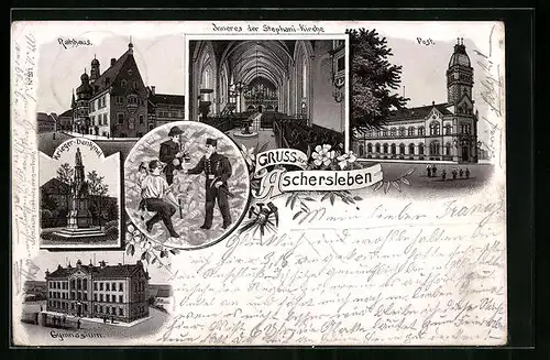 Lithographie Aschersleben, Gymnasium, Post, Krieger-Denkmal