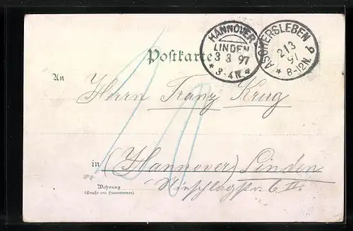 Lithographie Aschersleben, Gymnasium, Post, Krieger-Denkmal