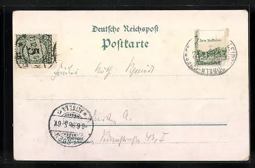 Lithographie Leisnig, Realschule, Kaiserl. Postamt, Schloss mit Muldenthal