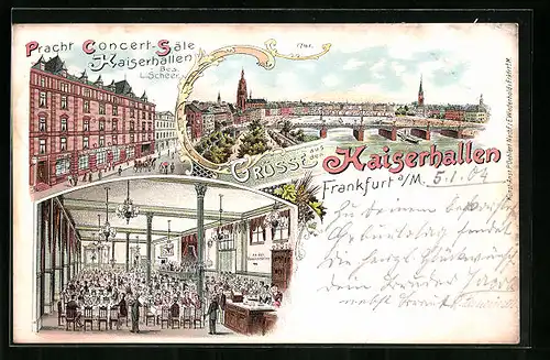 Lithographie Frankfurt a. M., Pracht-Concert-Säle Kaiserhallen, Stadt-Panorama