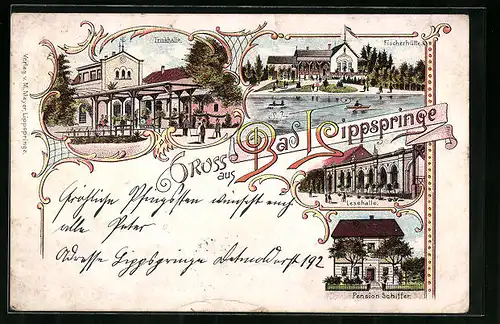 Lithographie Bad Lippspringe, Hotel-Pension Schiffer, Gasthaus Fischerhütte, Trinkhalle, Lesehalle