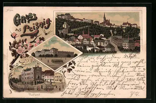 Lithographie Leisnig, Postamt, Kaserne, Teilansicht vom Ort