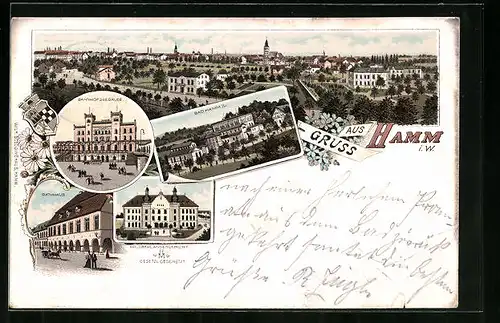 Lithographie Hamm i. Westf., Bahnhof, Kgl. Oberlandesgericht, Rathaus