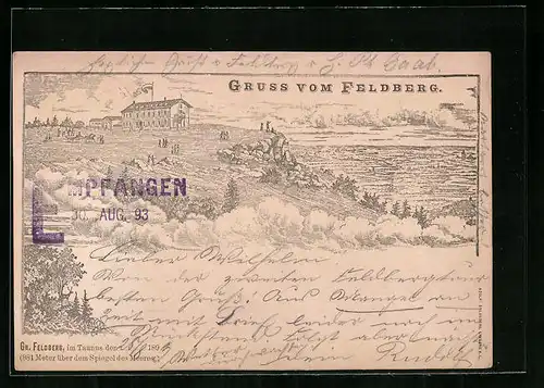 Vorläufer-Lithographie Grosser Feldberg, 1893, Hotels auf dem Gipfelplateau