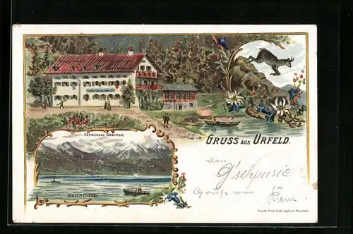Lithographie Urfeld, Gasthaus Urfeldsläger am See, Walchensee und Karwendel-Gebirge