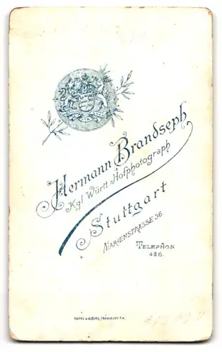 Fotografie H. Brandseph, Stuttgart, Marienstrasse 36, Junge Dame mit hochgeschlossenem Kleid