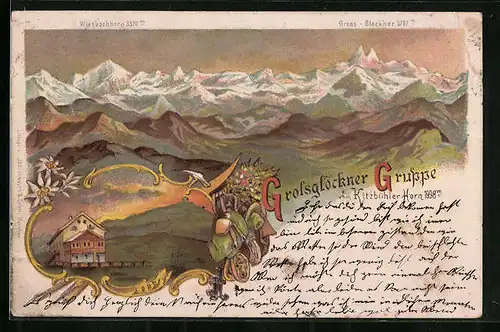 Lithographie Gipfelhaus am Kitzbühler Horn, Blick zur Grossglockner Gruppe