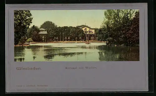 AK Wiesbaden, Kursaal mit Weiher