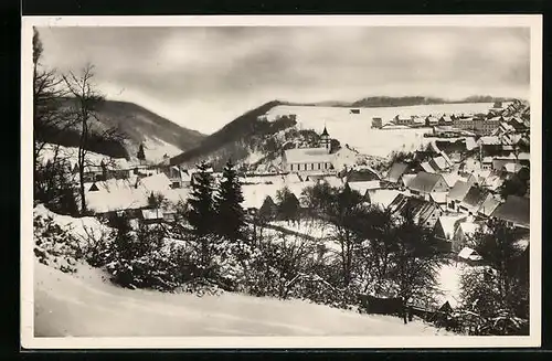 AK Messstetten, Ortsansicht im Schnee, Gasthof zur Schwane