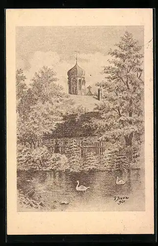 Künstler-AK Geislingen-Altenstadt, Partie an der Eyb mit Schwänen