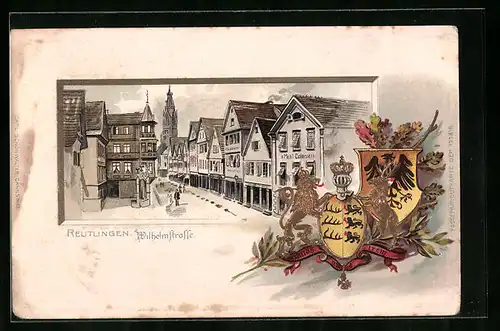 Passepartout-Lithographie Reutlingen, Wilhelmstrasse, Stadtwappen und Wappen Württembergs