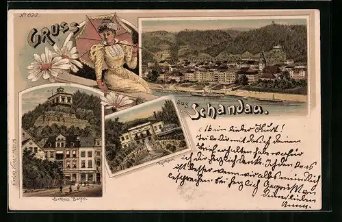 Lithographie Schandau, Ortsansicht, Schloss Bastei, Kurhaus, Dame mit Sonnenschirm