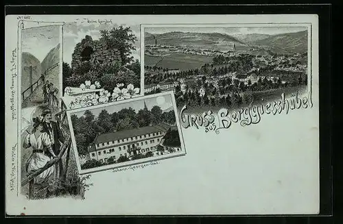 Lithographie Berggiesshübel, Ortsansicht, Ruine Gersdorf, Johann-Georgen-Bad