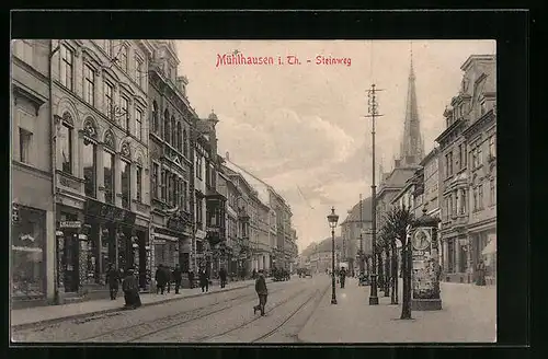 AK Mühlhausen i. Th., Steinweg mit Litfasssäule