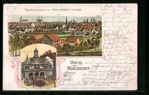 Lithographie Mühlhausen /Thüringen, Totalansicht, Popperoder Quelle