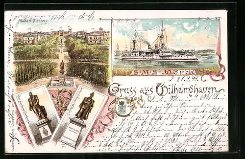 Lithographie Wilhelmshaven, Adalbert-Strasse, S. M. S. Wörth