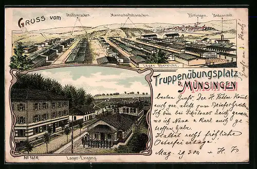 Lithographie Münsingen, Truppenübungsplatz, Lager-Eingang, Stallbaracken, Mannschaftsbaracken