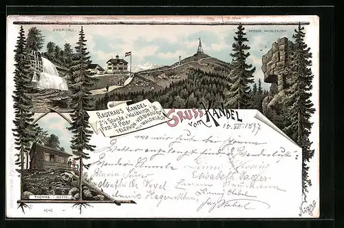 Lithographie Waldkirch, Kandel, Zwerifall, Thomas-Hütte, Grosser Kandelfelsen