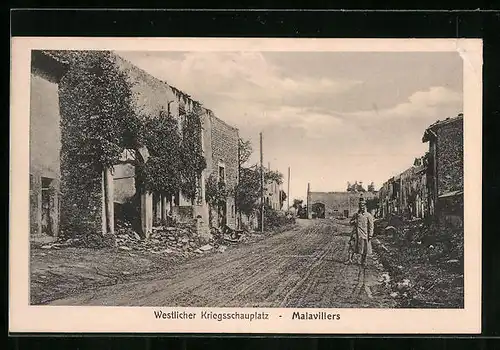 AK Malavillers, Westlicher Kriegsschauplatz, Strassenpartie in Trümmern