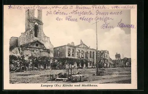 AK Longwy, Kirche und Stadthaus in Trümmern