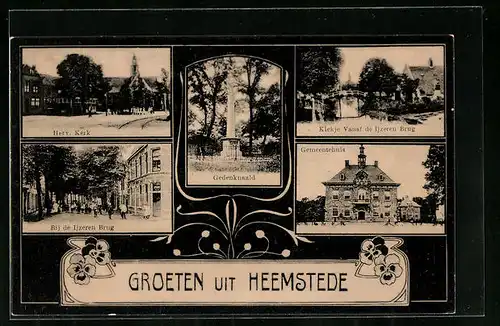 AK Heemstede, Herv. Kerk, Gedenknaald, Bij de Ijzeren Brug, Gemeentehuis