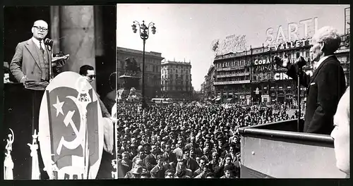 2 Fotografien Keystone, München, Ansicht Mailand, Faschistenführer De Marsanich bei Wahlrede 1958 und Umberto Terracini
