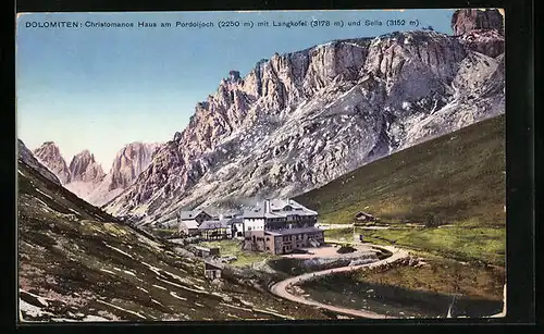 AK Christomanos Haus, Pordoijoch mit Langkofel und Sella