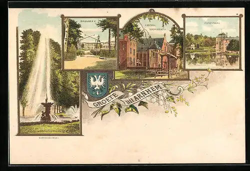 Lithographie Arnhem, Bronbeek, Kasteel Doopwerth, Rosendaal
