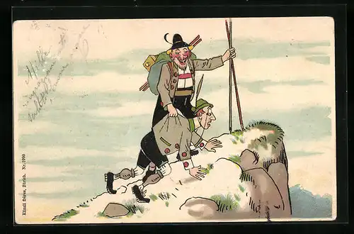 AK Wanderer in Tracht erreichen mühsam den Gipfel