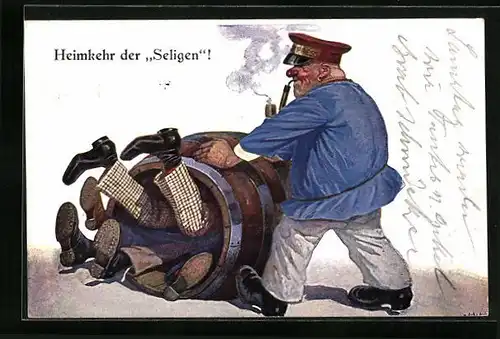 AK Mann mit Pfeife rollt betrunkene Männer in leerem Bierfass