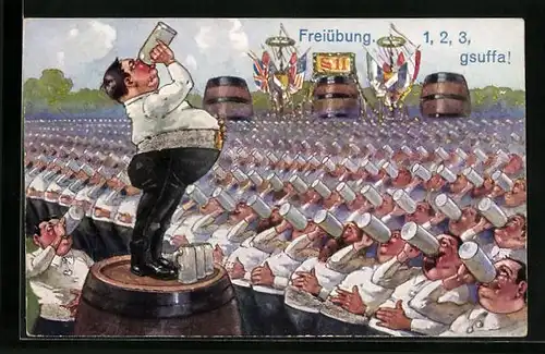 AK Männer leeren in Reih und Glied stehend Bierkrüge