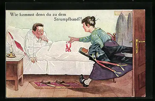 AK Ehefrau präsentiert ihrem Mann ein fremdes Strumpfband