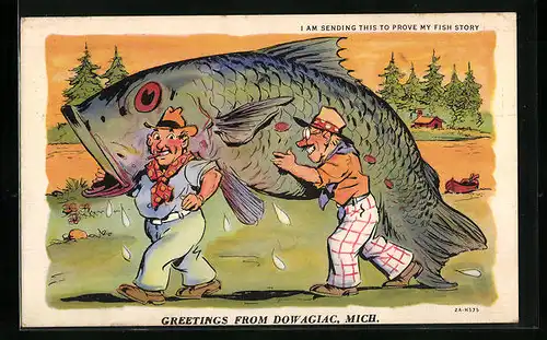 AK Zwei lustige Cowboys tragen einen riesigen Fisch, Scherz