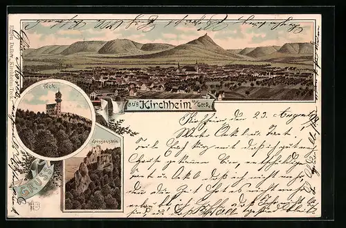 Lithographie Kirchheim u. Teck, Ortsansicht aus der Vogelschau, Ruine Reussenstein, Teck