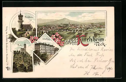 Lithographie Kirchheim /Teck, Ortsansicht, Schulhaus, Teckthurm, Ortsansicht
