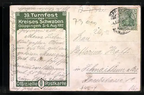 AK Göppingen, 39. Turnfest des Kreises Schwaben 1912, Turnvater Jahn