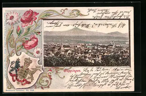 Passepartout-Lithographie Göppingen, Blick auf die Stadt, Wappen und Blumen