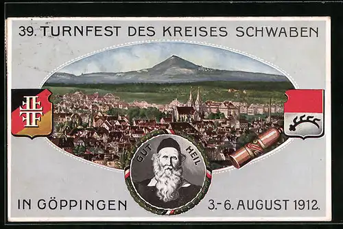 AK Göppingen, 39. Turnfest des Kreises Schwaben 1912, Ortsansicht, Wappen