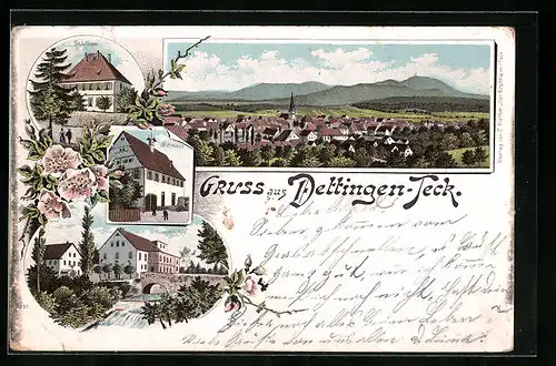 Lithographie Dettingen-Teck, Kunstmühle, Rathaus, Schloss