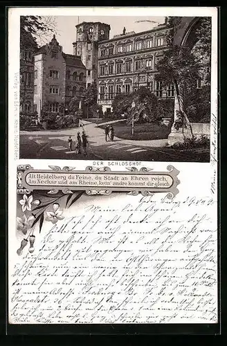 Vorläufer-Lithographie Heidelberg, 1895, Besucher im Schlosshof