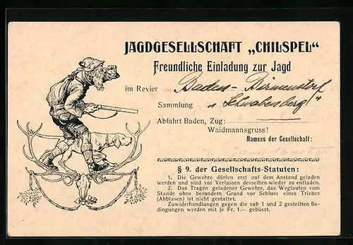 AK Jagdeinladung der Jagdgesellschaft Chilspel, Jäger mit Hund