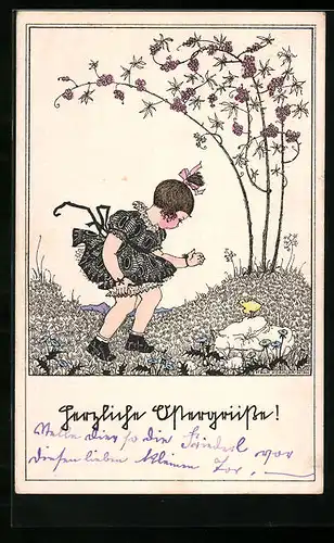 Künstler-AK Mela Köhler: Mädchen findet ein Osterküken