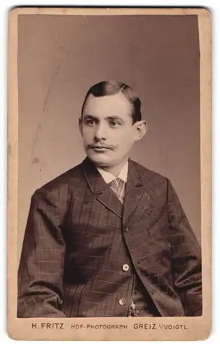 Fotografie Heinr. Fritz, Greiz, Weststr. 6, Junger Herr im karierten Anzug mit Krawatte