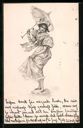 Künstler-AK Theo Stroefer Serie 06 Nr. 44: Fräulein im Kleid mit Schirm