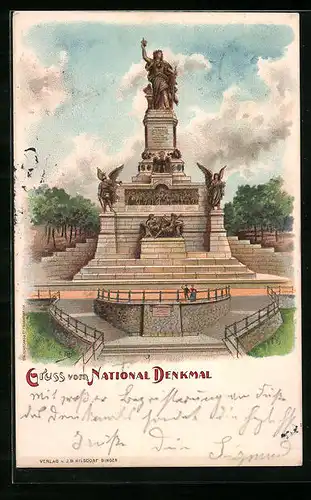 Lithographie Rüdesheim a. Rhein, National-Denkmal