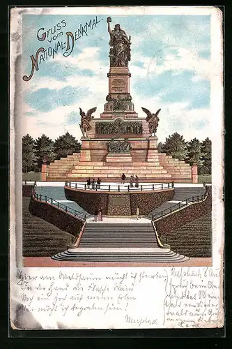 Lithographie Rüdesheim a. Rhein, Nationaldenkmal