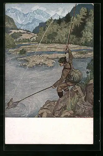Künstler-AK Eugen Ludwig Hoess: Petri Heil!, Angler fängt einen Fisch